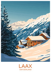 Wall Mural - Laax Switzerland Poster Illustration Travel Print Decor Gift Paper Canvas Wall Retro Art