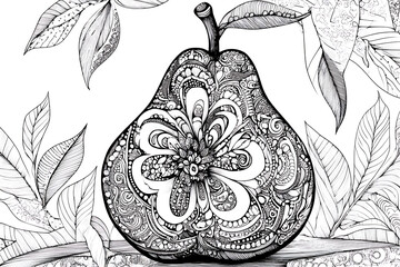 Hand drawn, black and white ornamental pear. Could be use for coloring book in zentangle style