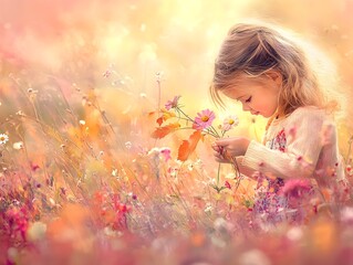 Curious Young Girl Carefully Picking Autumn Wildflowers in Lush Meadow