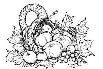 Wall Mural - Thanksgiving autumn cornucopia festival emblem. Monochrome vintage engraving fresh organic vegetables, wheat and fruits sign isolated on white background. Sketch hand drawn illustration