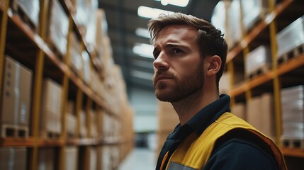 Poster - Warehouseman checking delivery stock in warehouse on computer pc Warehouse manager using warehouse management software app : Generative AI