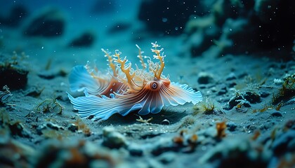 A marine creature in the deep sea is swimming leisurely, surrounded by blue sea water, which makes people feel peaceful and mysterious.