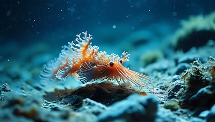 A marine creature in the deep sea is swimming leisurely, surrounded by blue sea water, which makes people feel peaceful and mysterious.