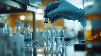 Fototapete - Medical development research laboratory chemist or science scientist student hand in glove drop water into pipette for test analysis liquid sample in clinic lab Microbiology analysing  : Generative AI