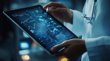 Fototapete - Medical technology EMRs Electronic medical record system concept Doctor using digital tablet laptop computer with electronic health data and  internet network connection virtual hospit : Generative AI