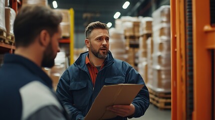Poster - Forklift driver talking with manager in modern industrial factory Warehouseman reading order order picking Warehouse worker preparing products for shipmennt delivery checking stock in  : Generative AI