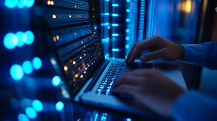Aufkleber - Successful Data Center IT Specialist Using Laptop Computer Server Farm Cloud Computing Facility with System Administrator Working Data Protection Engineering Network for Cyber Security : Generative AI
