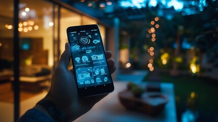 Fototapete - People hand using smartphone or computer laptop to access smart home application from internet wireless connection to control and monitoring smart device inside of the house Internet o : Generative AI