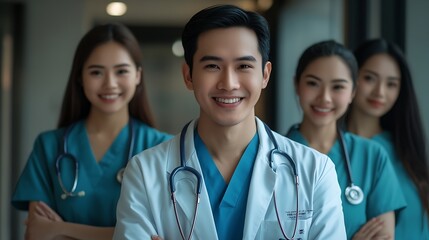 Poster - Happy people portrait or doctor with team in confidence for healthcare support or trust at hospital Group of medical employees with smile for health advice about us or emergency servic : Generative AI