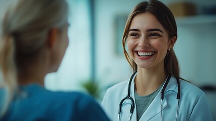 Poster - Happy care and face of a doctor with a woman for medical trust healthcare and help Laughing hug and portrait of a young nurse with a senior patient and love during a consultation at a  : Generative AI