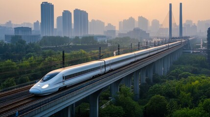 Aufkleber - High-definition shot of a high-speed train on elevated tracks, emphasizing its sleek profile and the impressive infrastructure supporting its rapid transit.