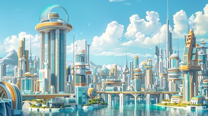 Sticker - A futuristic city with tall buildings and a river.