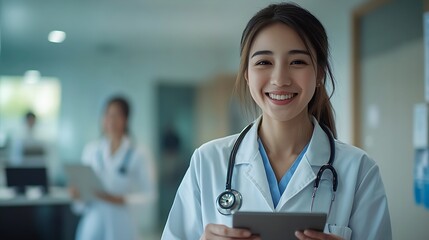 Poster - Reading woman and tablet in office doctor and medical diagnosis online healthcare and hospital Clinic stethoscope and employee with uniform medicine and smile for notes typing and sche : Generative AI