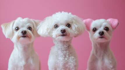 dog in jewelry on a colored background white small poodle in the studio fashion jewelry pet with painted pink ear : Generative AI