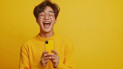 Happy young asian teen man celebrating with mobile phone isolated over yellow background : Generative AI