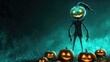 © steevy84 - Pumpkin head creature before a solid dark teal colored background, with glowing halloween pumpkins