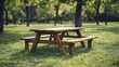 © The Little Hut - Park Picnic table bench rest relax outdoors Benches and tables on green grass in recreational area : Generative AI