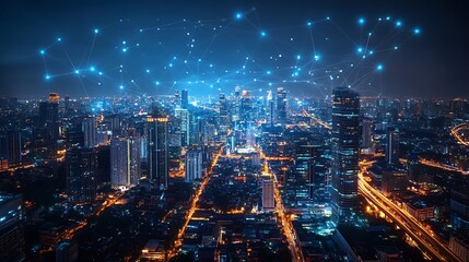 Fototapete - Wireless network and Connection technology concept with Abstract Bangkok city background in panorama view : Generative AI