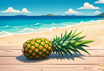 pineapple in beach background. summer fresh fruit illustration.