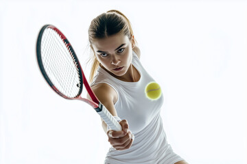 Sport woman with tennis racket and tennis ball isolated on white background, Portrait of healthy woman with sport concept.