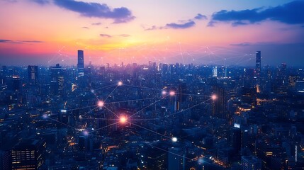 Aufkleber - Smart digital city with connection network reciprocity over the cityscape  Concept of future smart wireless digital city and social media networking systems that connects people within : Generative AI