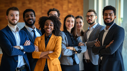 Wall Mural - Diverse team of business professionals standing together with crossed arms, all smiles