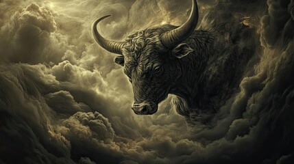 A majestic bull emerges from stormy clouds, symbolizing strength and power in a dramatic and captivating atmosphere.