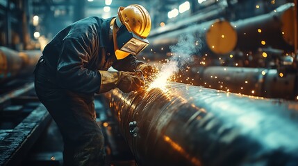 Aufkleber - Industrial 40 Digital Visualization Concept Heavy Industry Welder Working Welding Inside Pipe Construction of NLG Natural Gas and Fuels Transport Pipeline Future of Clean Green Power a : Generative AI
