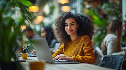 Group of people of different races working concentrated and happy with laptops in a coworking office : Generative AI