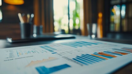 Poster - High-resolution close-up of a financial report with graphs and charts, showcasing detailed analysis and data visualization on a modern desk.