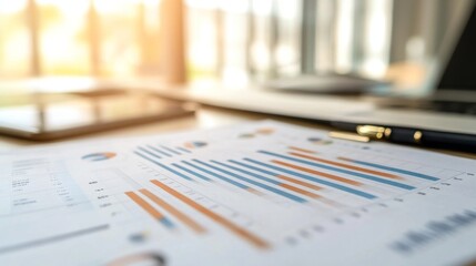 Poster - High-resolution close-up of a financial report with graphs and charts, showcasing detailed analysis and data visualization on a modern desk.