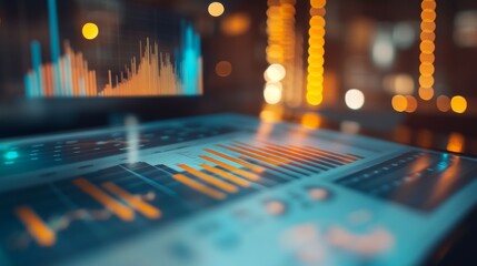 Poster - High-resolution close-up of a financial report with graphs and charts, showcasing detailed analysis and data visualization on a modern desk.