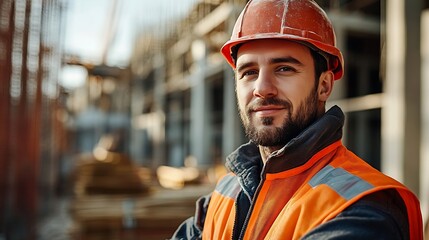 Poster - Construction worker man portrait in construction site in sunny day : Generative AI