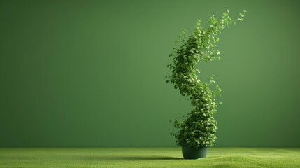 Canvas Print - A potted plant with twisting branches is in front of a green wall and on a green lawn.