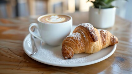 Wall Mural - A cup of cappuccino with latte art and a croissant on a white plate.