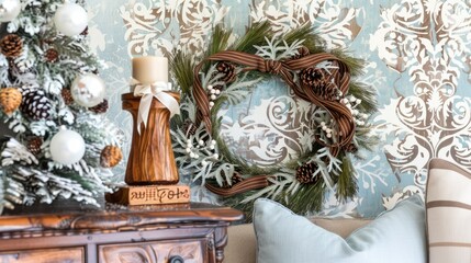 Wall Mural - A brown ribbon wreath with white berries 