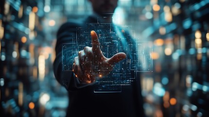 Poster - Businessman presenting futuristic business world metaverse graphic In the form of innovation in digital business processing technology innovation of the 21st century : Generative AI
