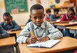 © SnehaUniverse - african american boy writing in a notebook in a school classroom. concept education