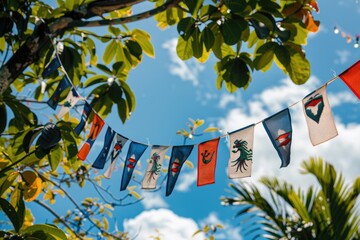 B phoenix flag bunting, background with tree and sky, flag of belize, flag on rope, blue white red color scheme, flag centered in the middle