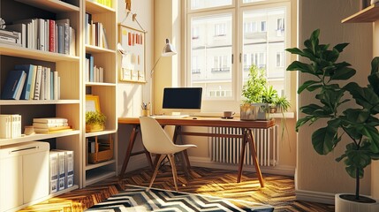 Wall Mural - Elegant home office with large window view and natural light, featuring a minimalist desk setup, a plant in the corner, and a serene bookshelf. 