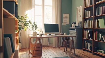 Wall Mural - Elegant home office with large window view and natural light, featuring a minimalist desk setup, a plant in the corner, and a serene bookshelf. 