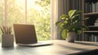 © huiying - Elegant home office with large window view and natural light, featuring a minimalist desk setup, a plant in the corner, and a serene bookshelf.