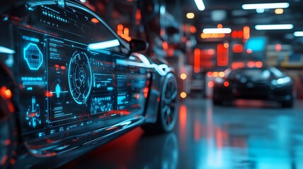Fototapete - EV electric vehicle technology industry concept futuristic virtual graphic touch user interface on screen with auto repair garage blurred on background : Generative AI