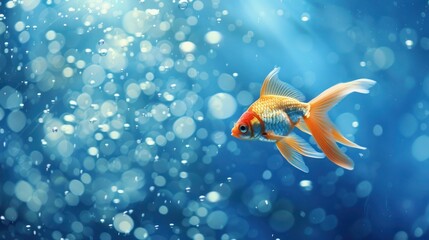 Wall Mural - Goldfish swimming in a deep blue ocean with bubbles and coral. Concept Underwater, Goldfish, Ocean, Bubbles, Coral 