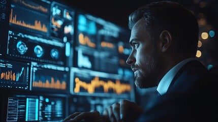 Fototapete - Businessman using analytics data KPI technology and data management system Corporate strategy for finance operations sales marketing : Generative AI