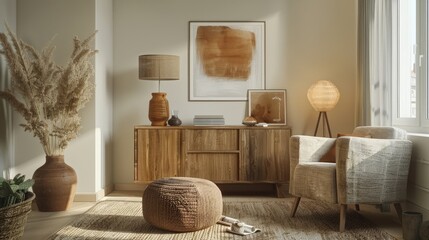 Poster - Harmonized living room with brown commode, boucle armchair, pouf, lamp, decorations, poster frame, and accessories in a modern home decor theme.