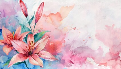 Wall Mural - Colorful watercolor painting of lilies and abstract floral background