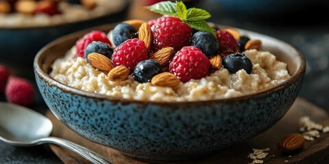 Oatmeal with Almonds, Raspberries, and Blueberries in a Blue Bowl