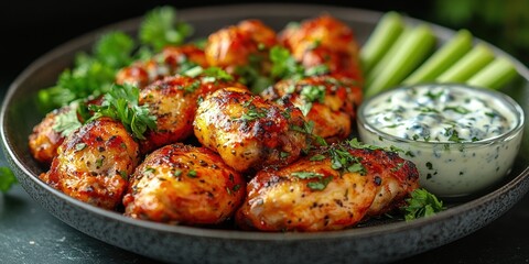 Wall Mural - Grilled Chicken Wings with Celery Sticks and Creamy Dip