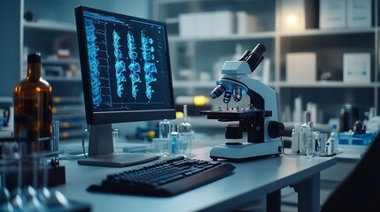 empty room and microscope with computer in laboratory for medical workspace science and innovation f